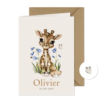 Lief geboortekaartje met giraffe, loopeend, vlinder, hommel